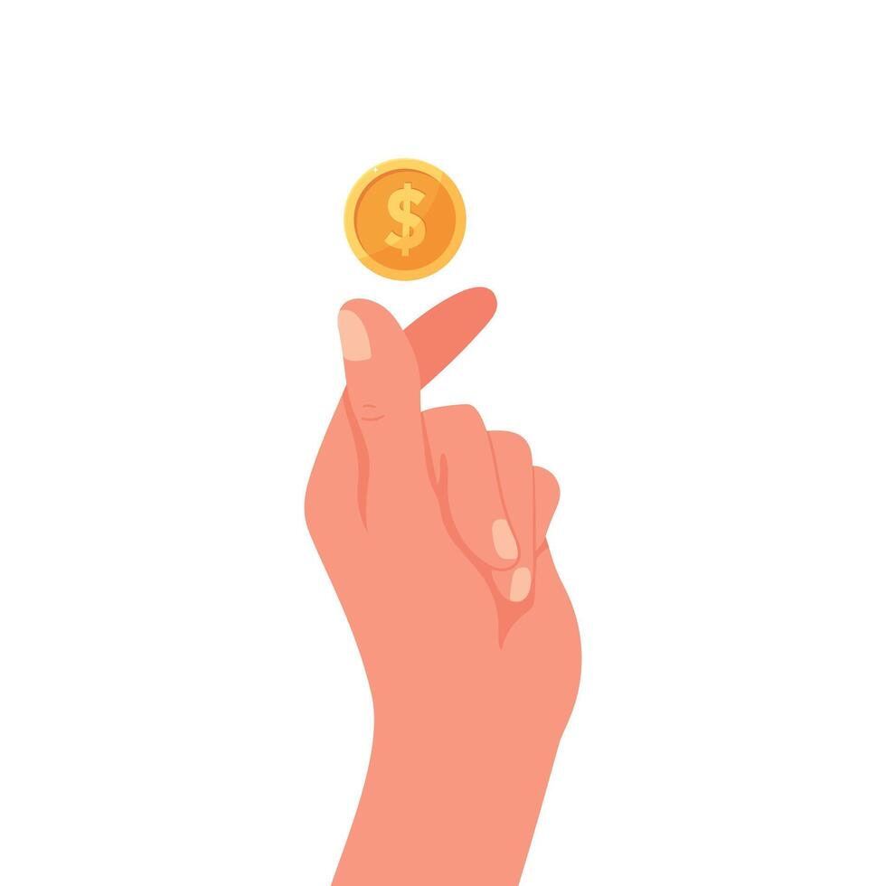 Gold coin in hand. Human hand tosses a coin. Cent in fingers. Money concept. illustration vector