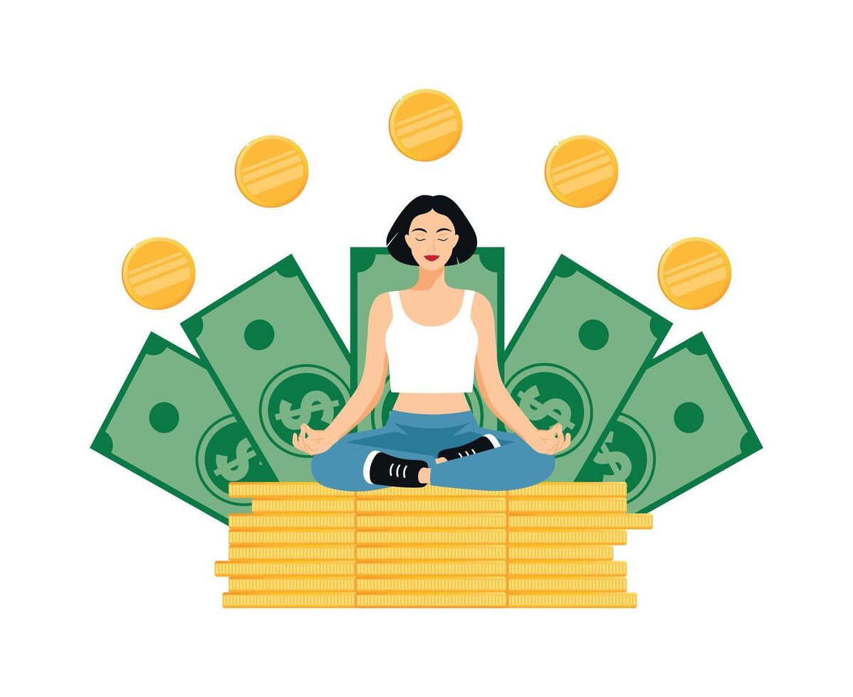 Financial wellbeing, financial guru. Woman sits in lotus pose on a stack of gold coins with dollar banknotes on the background. Gold coins hover in the air. Meditating on money, success, cashback vector