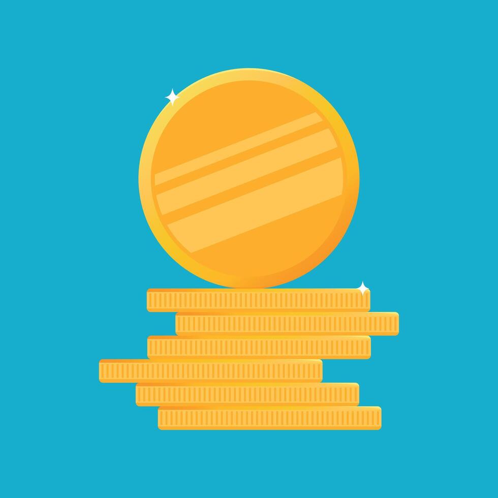 Stack of gold coins. Blank flat money coins on colored background. Shiny gold penny treasure. Cartoon style, game icons. illustration vector