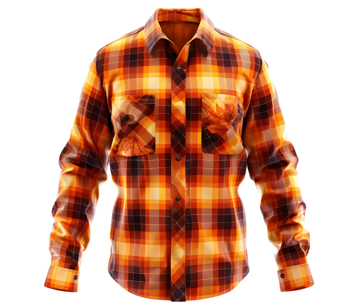 Orange Plaid Shirt with Leaf Design. Isolated on transparent background png