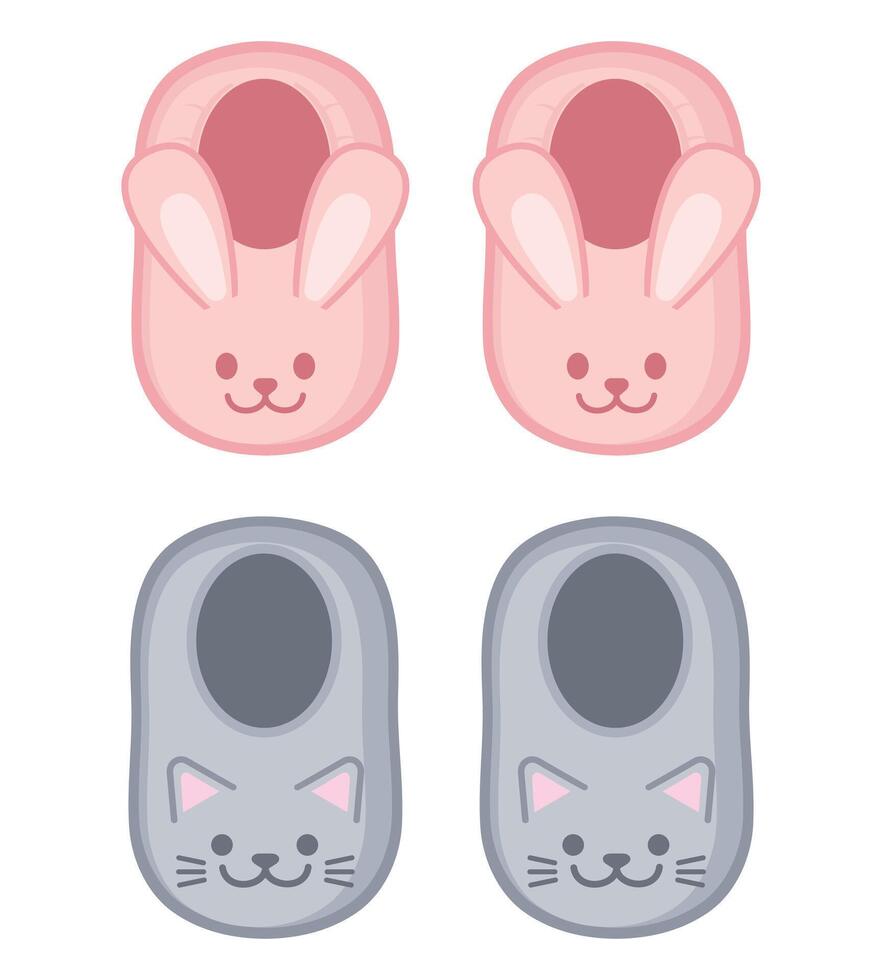 Cute pink bunny slippers and cat slippers. Soft and cozy house slippers with rabbit bunny face and kitten face. illustration vector
