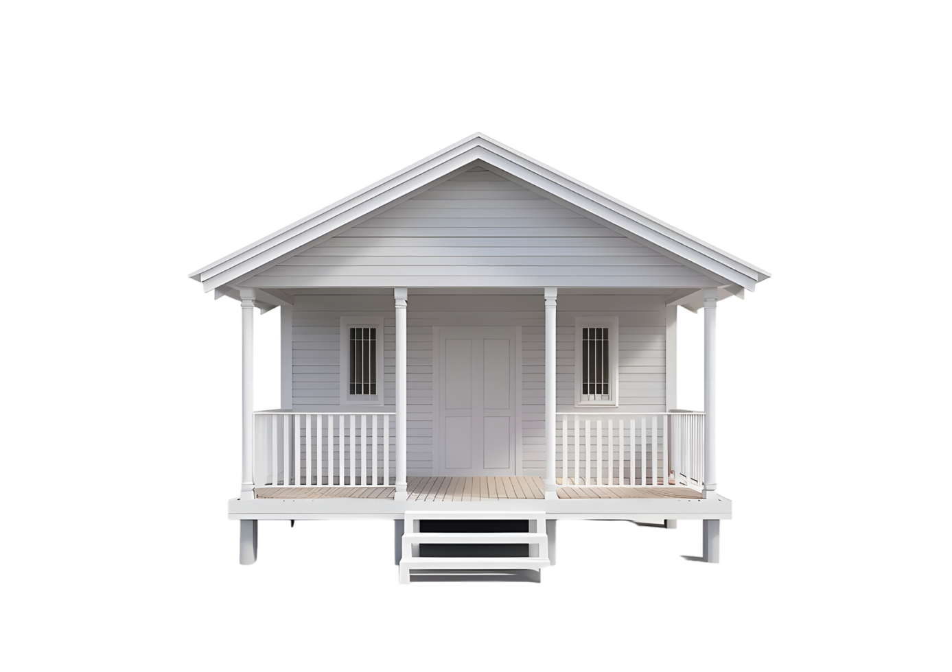 White house with porch and stairs. Isolated on transparent background png