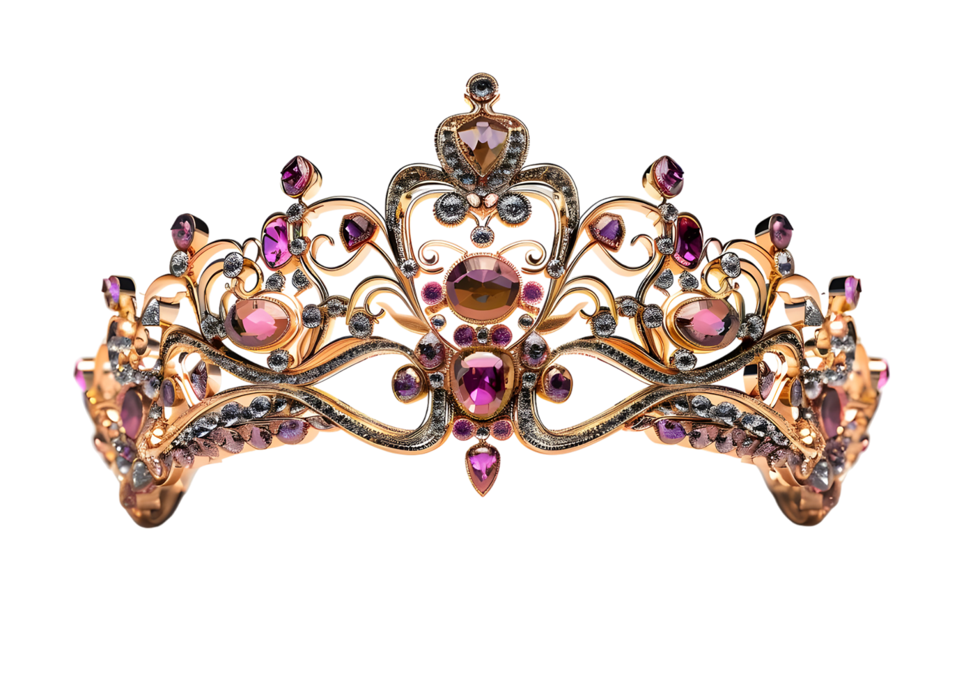 Golden Crown with Purple Gems. Isolated on transparent background png