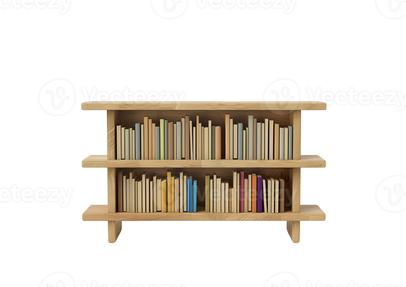 Wooden bookshelf with colorful books. Isolated on transparent background png