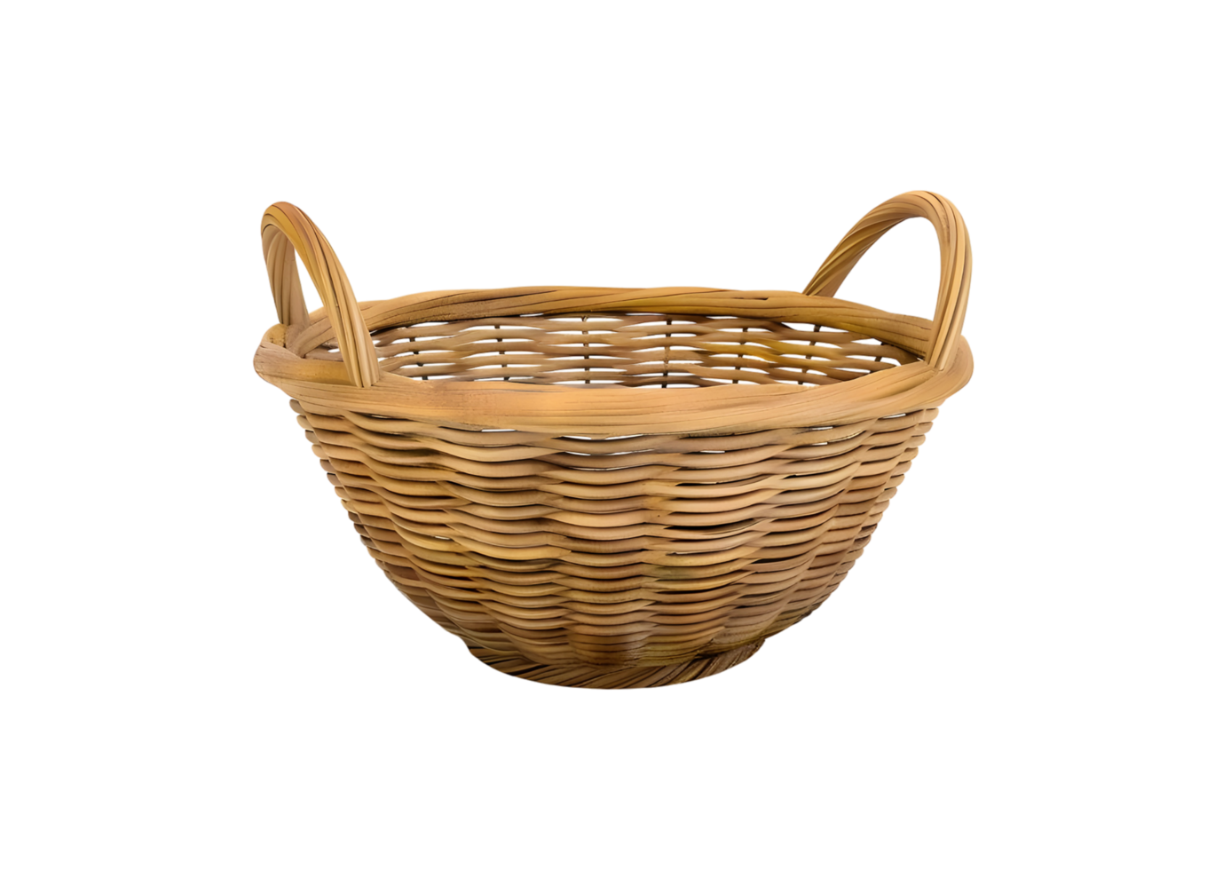 Empty wicker basket with two handles. Isolated on transparent background png