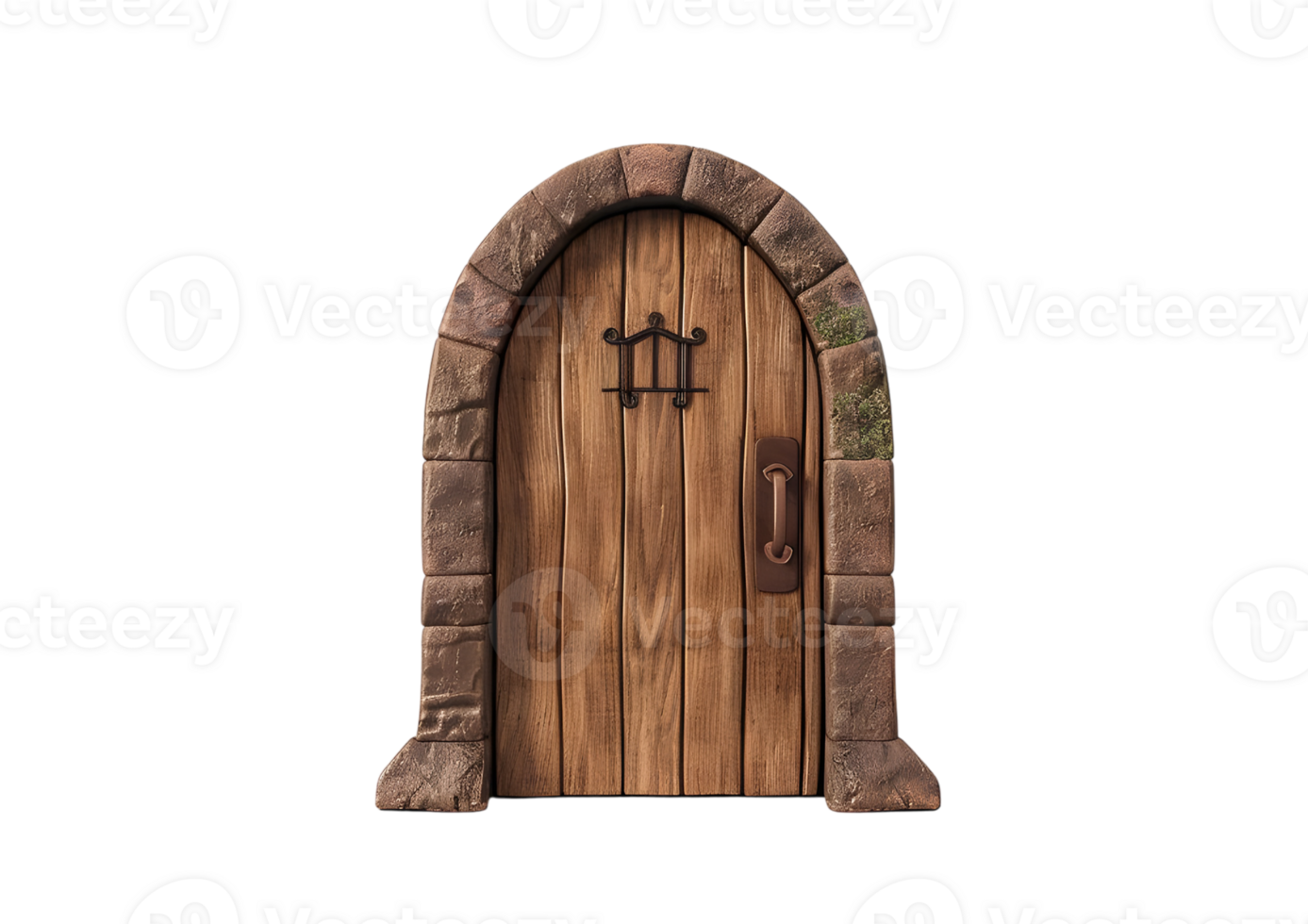 Arched Wooden Door with Stone Frame. Isolated on transparent background png
