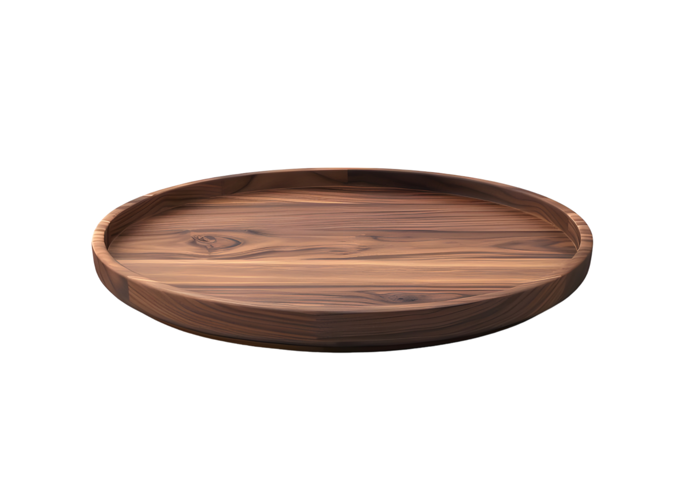 Round wooden tray with a natural wood grain finish. Isolated on transparent background png