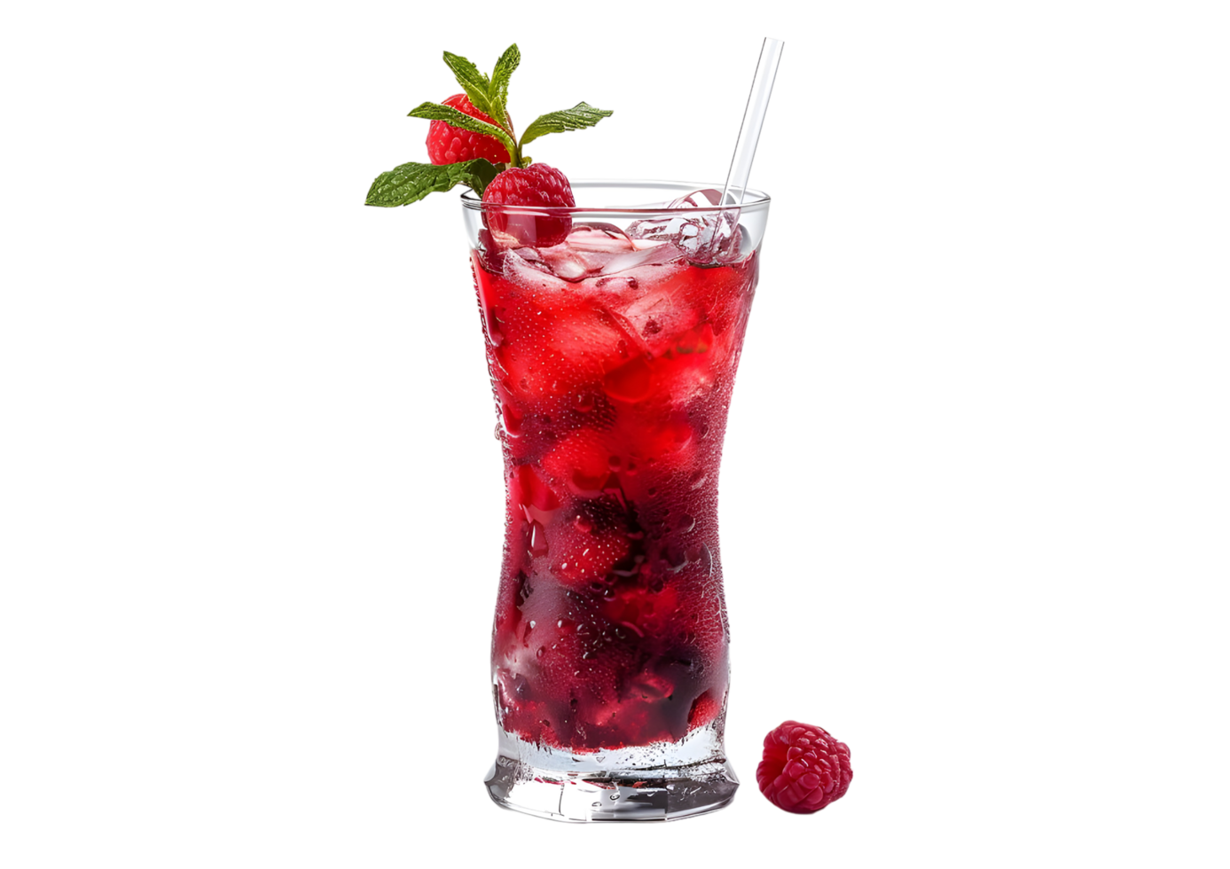 Raspberry Iced Drink in a Tall Glass. Isolated on transparent background png
