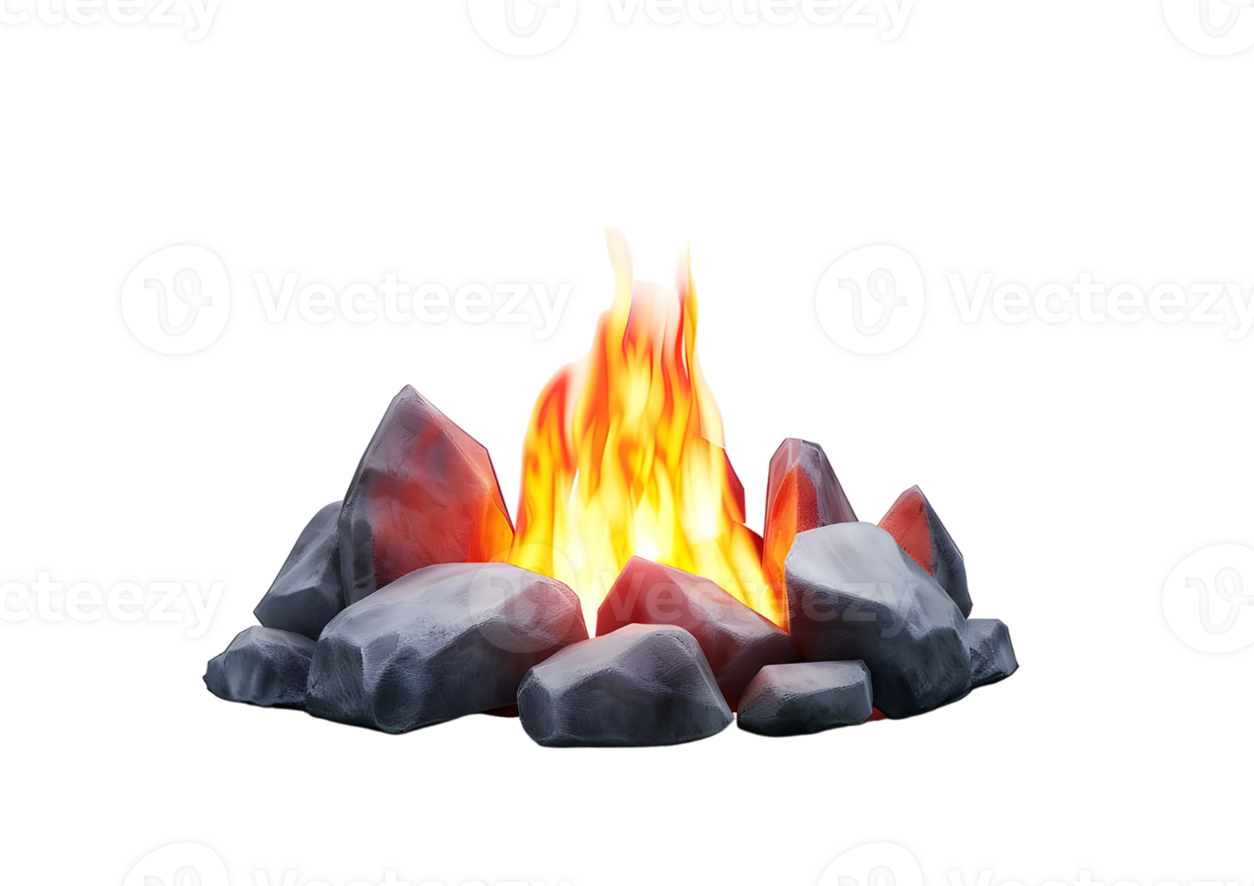 Burning fire in a pile of rocks. Isolated on transparent background png