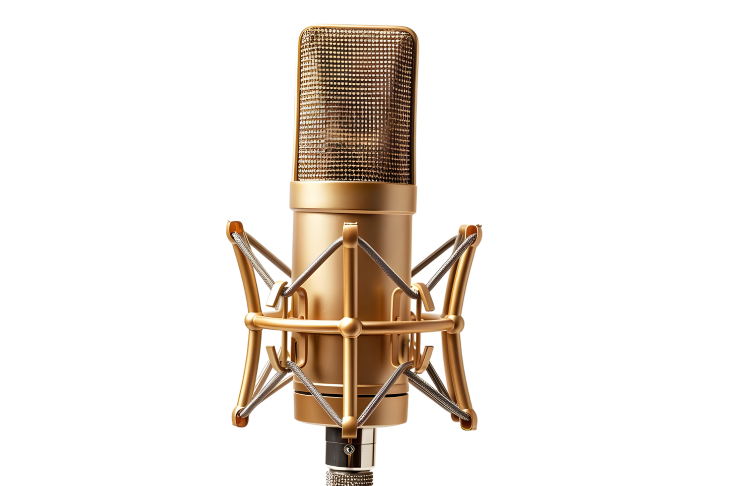 Close-up of a Gold Microphone with a Shock Mount. Isolated on transparent background png