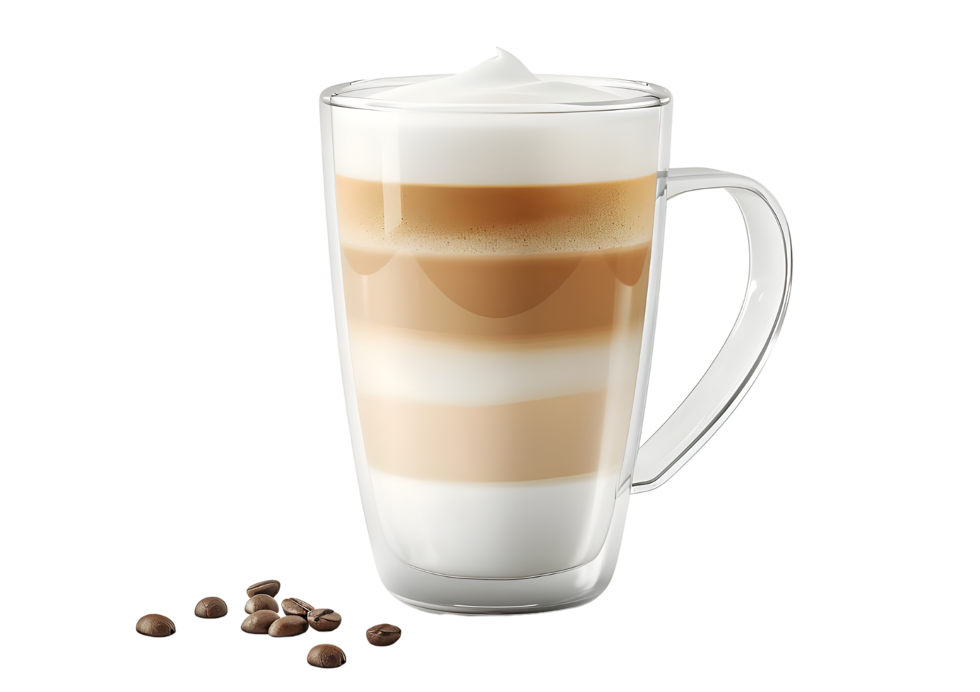 Latte Coffee with Milk Foam in Glass Mug. Isolated on transparent background png