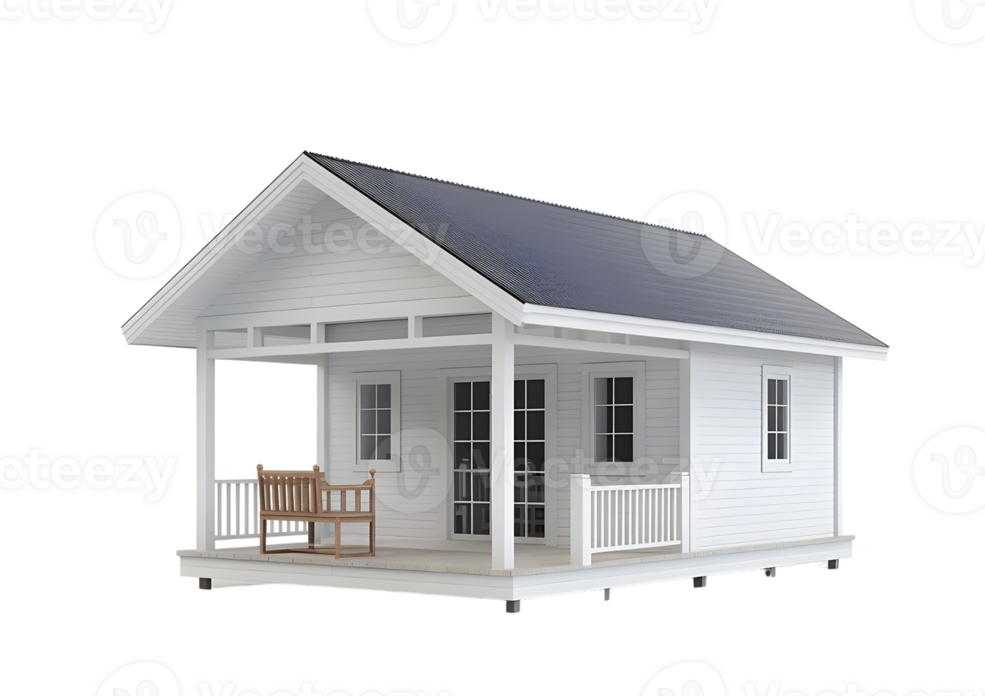 Small White House with Wooden Bench on Porch. Isolated on transparent background png