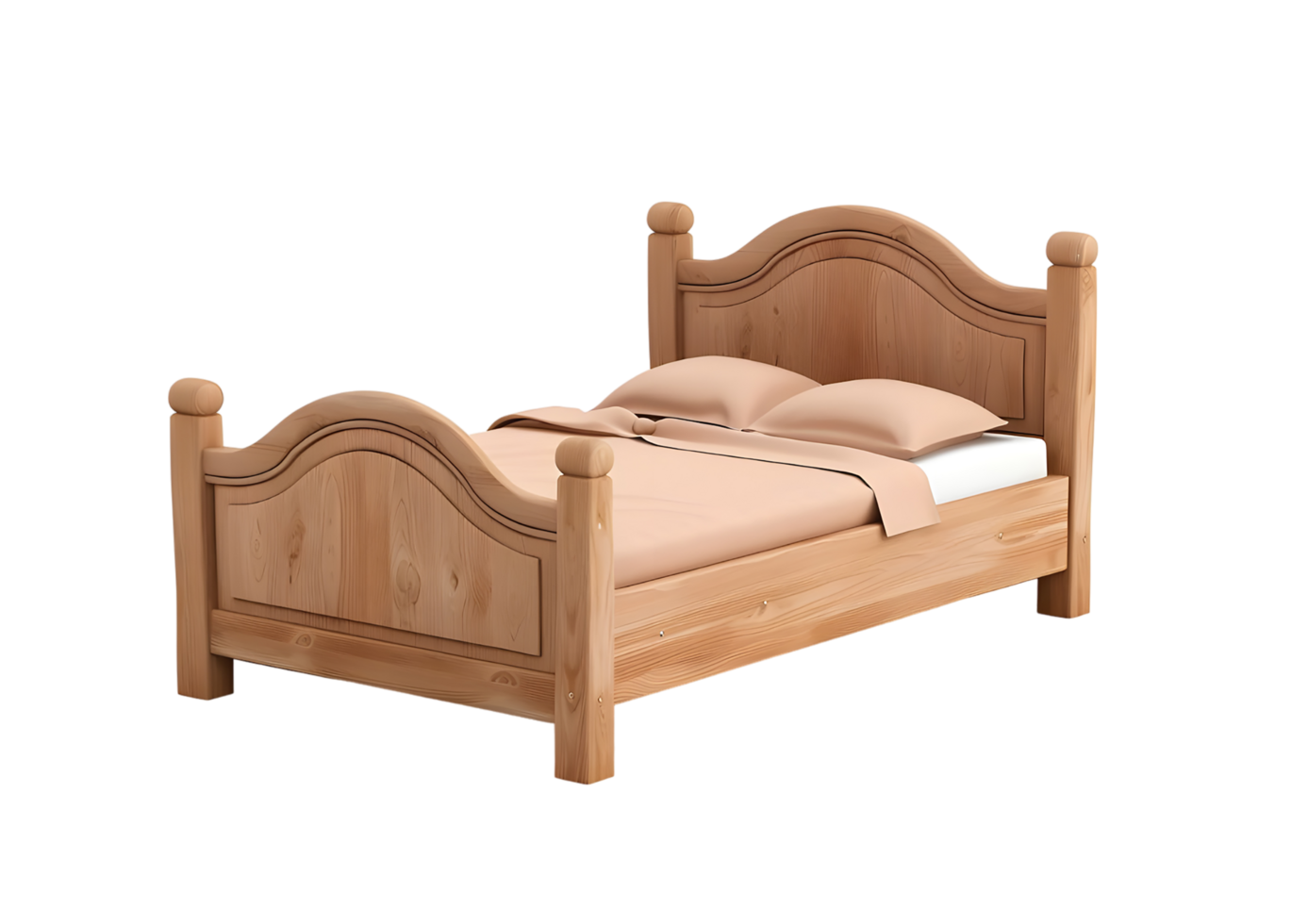 Wooden bed frame with headboard and pillows. Isolated on transparent background png