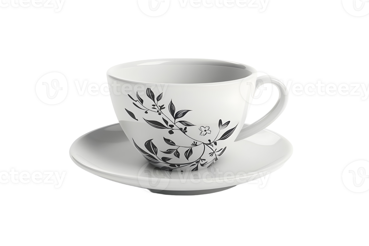 White teacup with floral design. Isolated on transparent background png