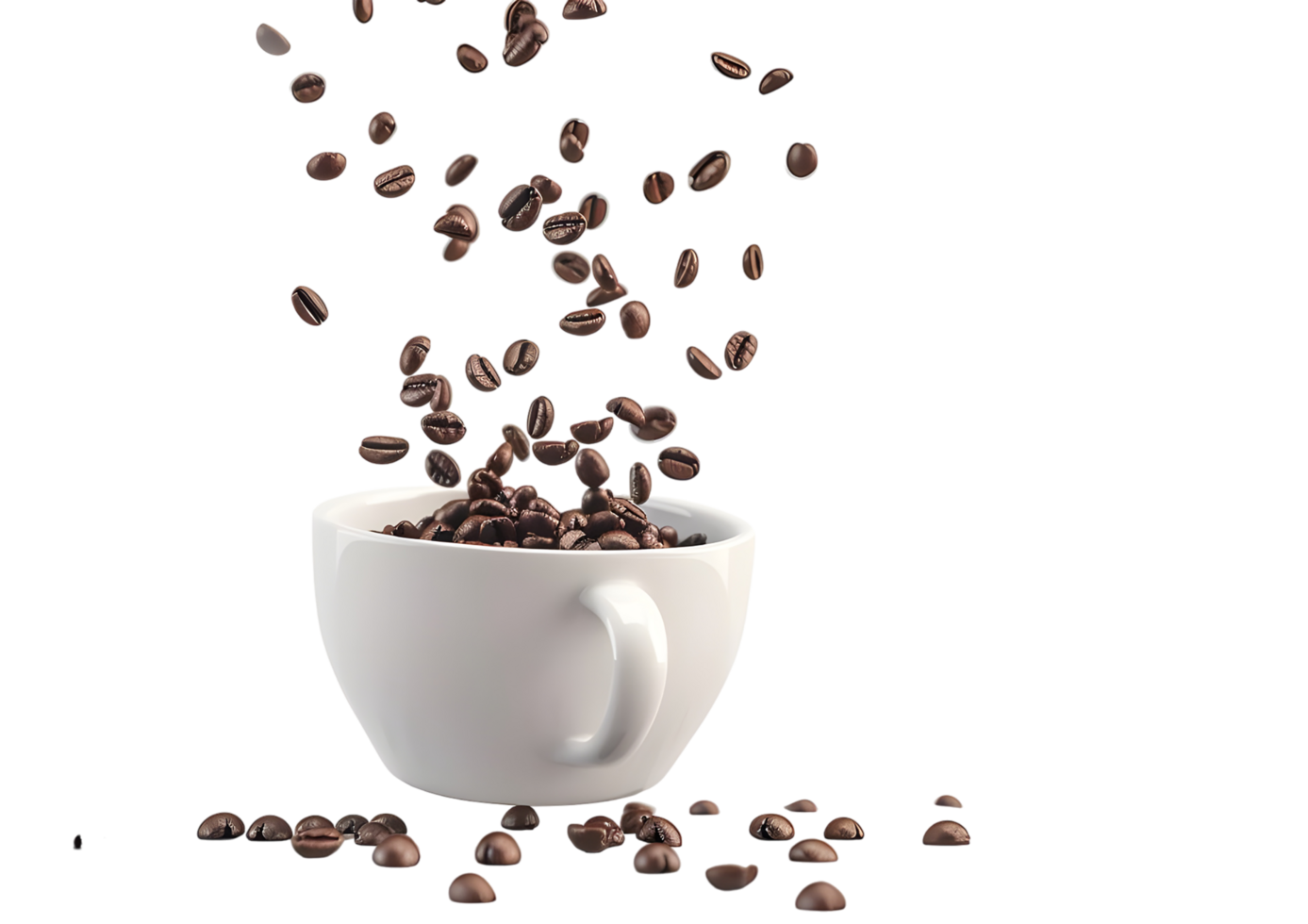 Coffee beans falling into a white cup. Isolated on transparent background png