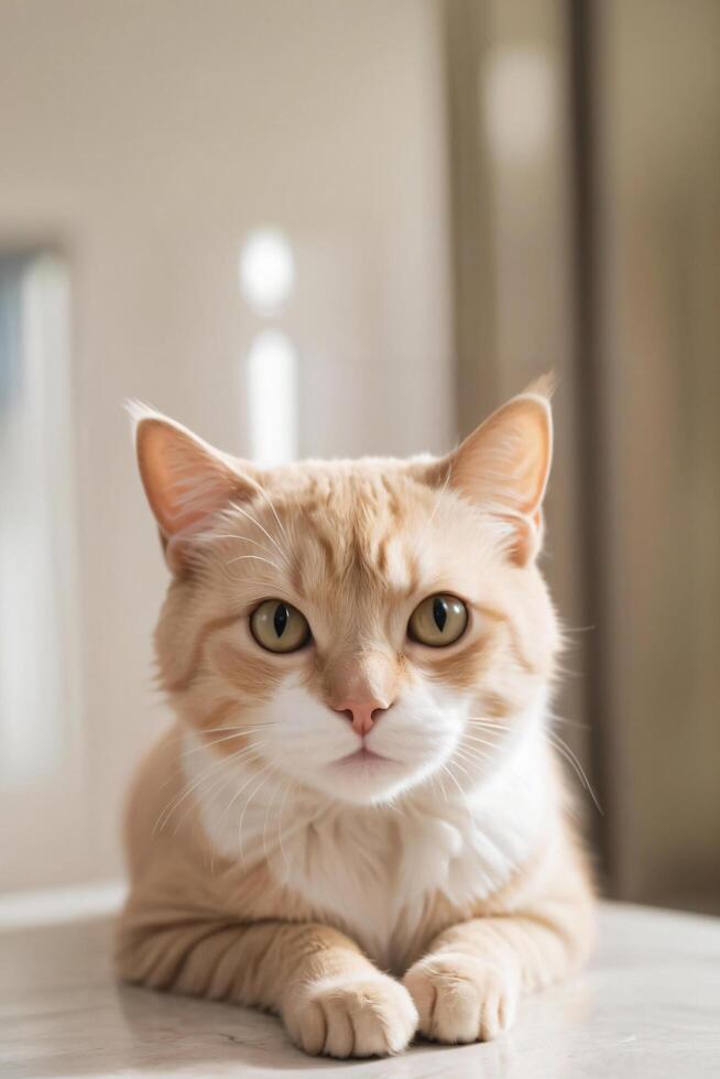 A cat sits against a plain background photo