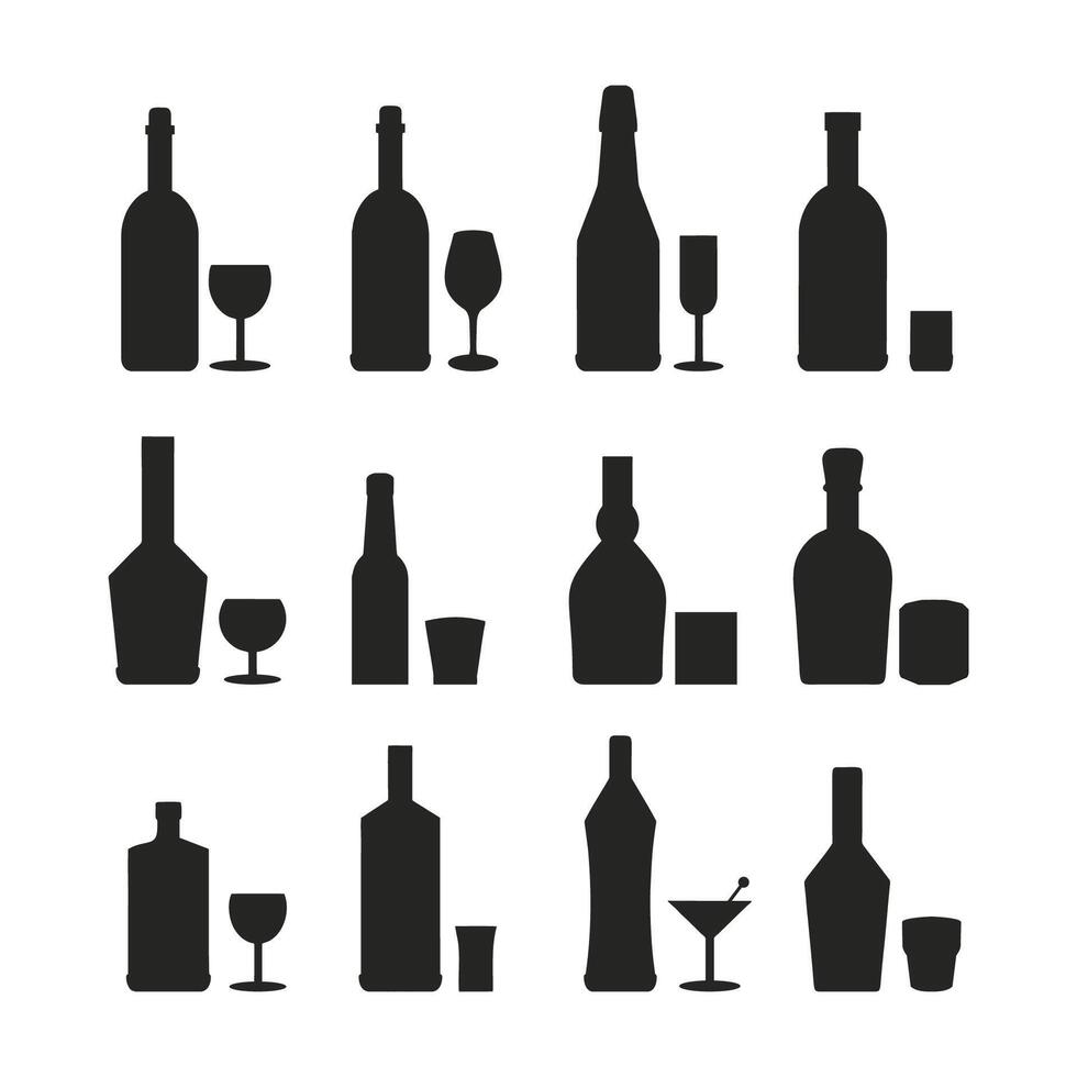 Alcoholic drinks set silhouette monochrome with assortment of bottles and glasses for serving alcohol-containing beverage in bar illustration vector