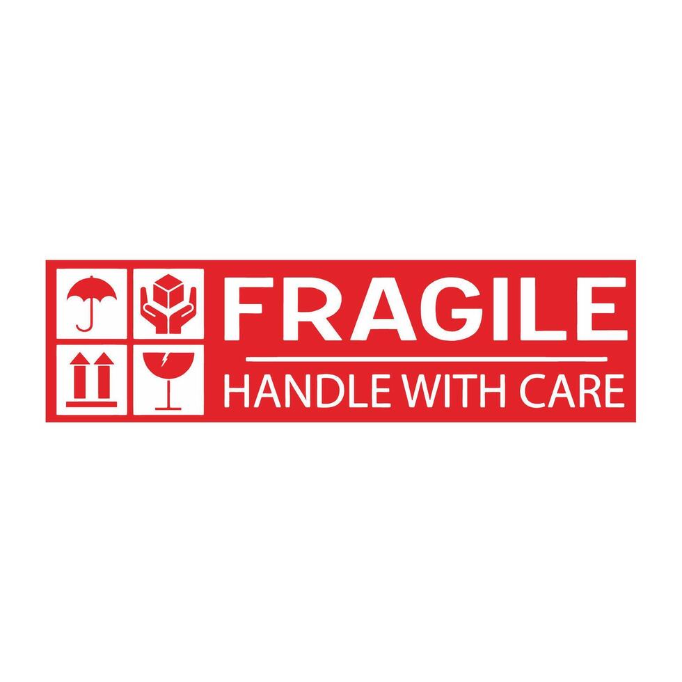 sticker fragile handle with care, red fragile warning label, fragile label with broken glass symbol vector