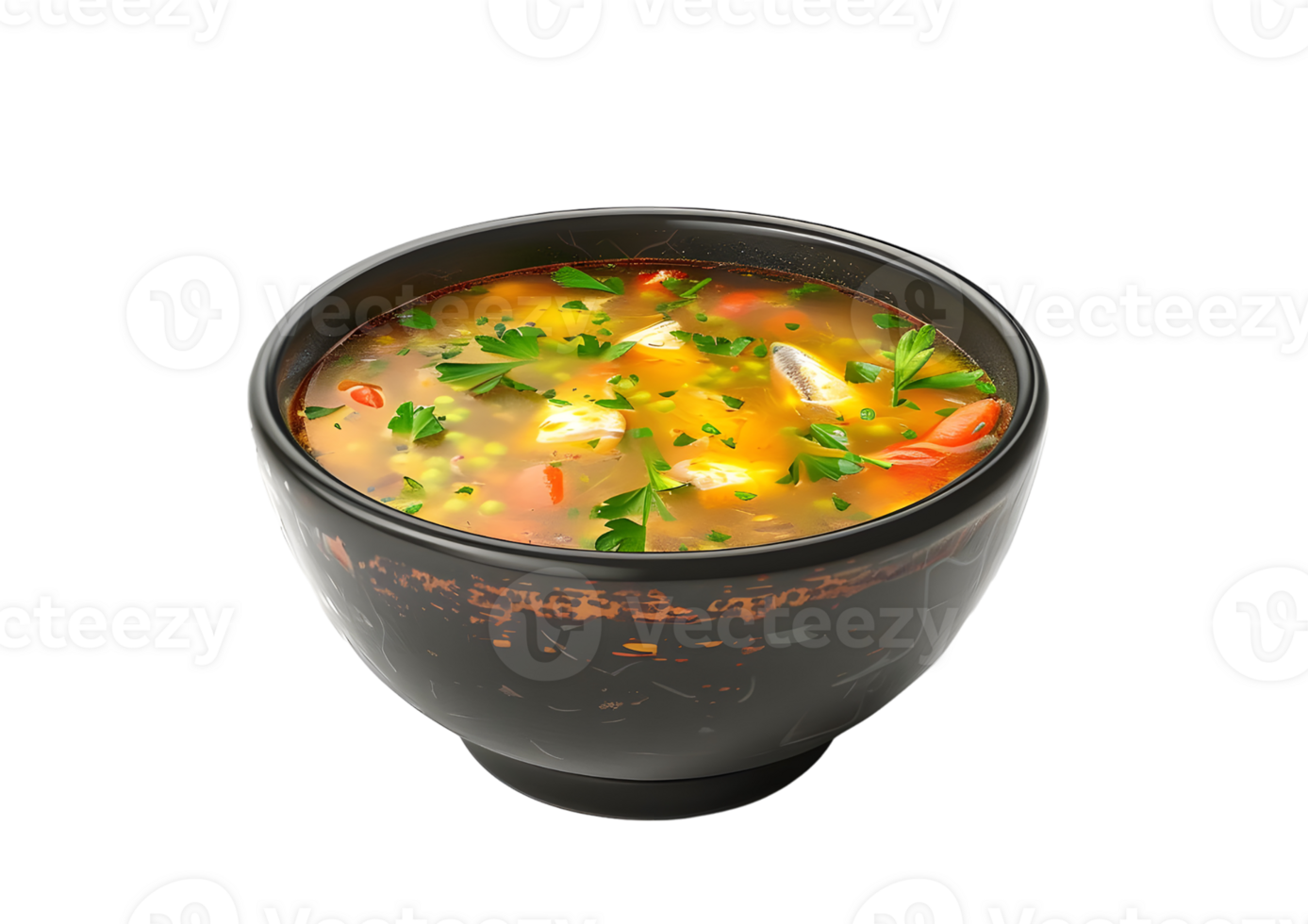 Lentil soup garnished with fresh herbs in a black bowl. Isolated on a transparent background. png