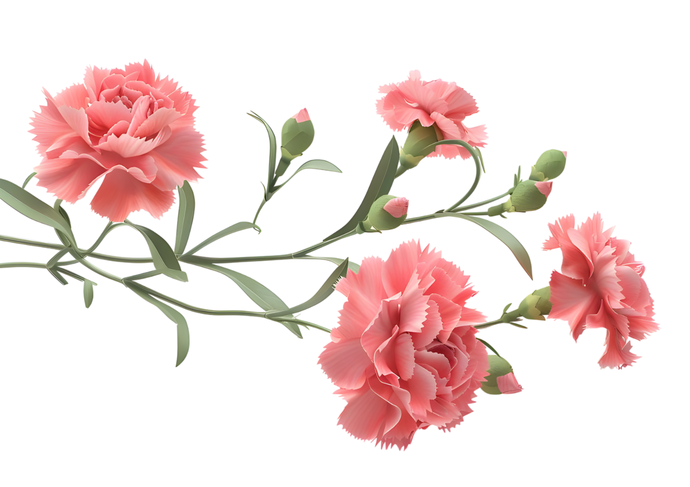 Pink carnation flower with green leaves. Isolated on transparent background png