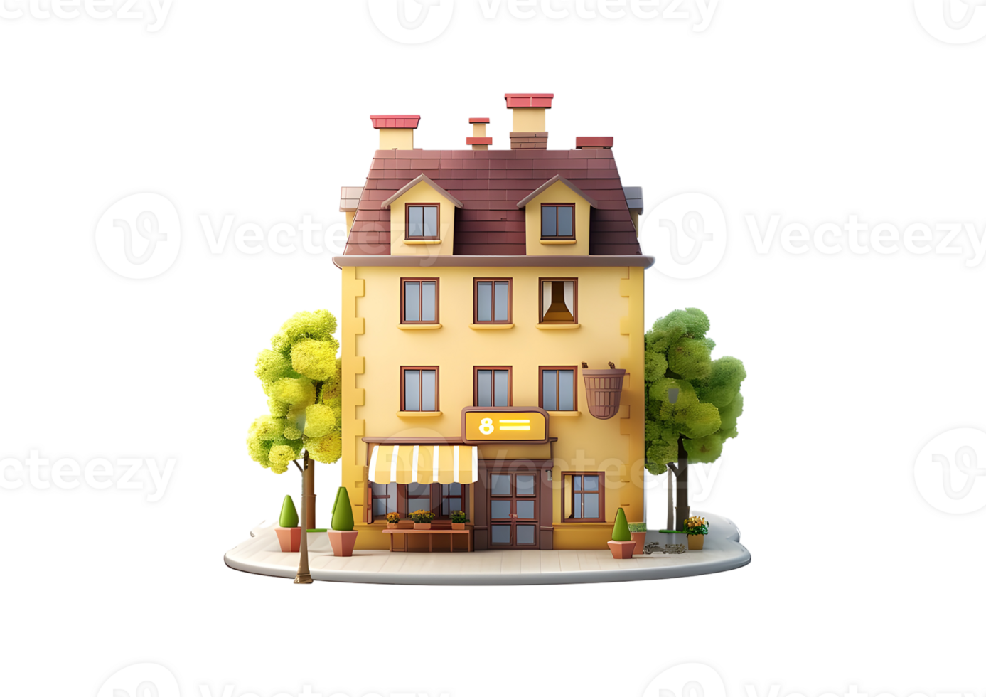 Cute yellow cartoon building. Isolated on transparent background png