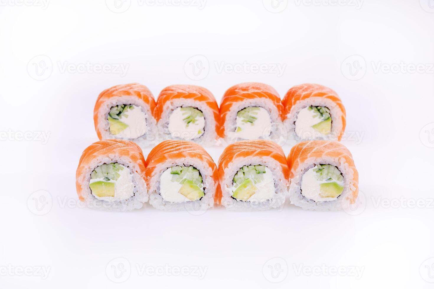 Sushi Roll Philadelphia with Salmon, Cucumber and Avocado on White Background Isolate, for Food Delivery Website photo