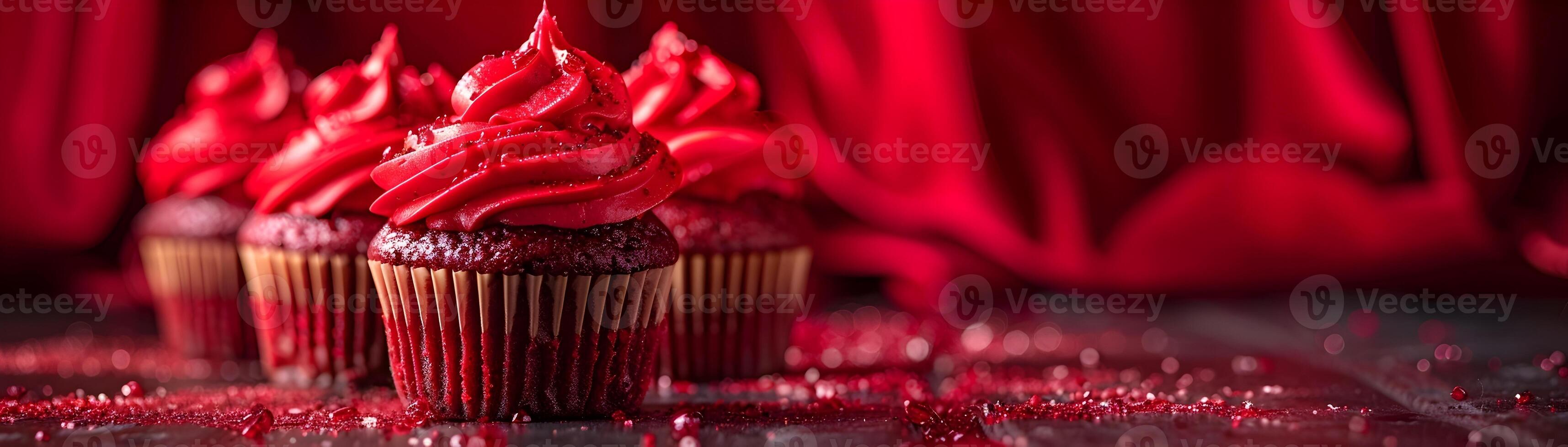 Dracula s Bite Red Velvet Cupcakes on Gothic Vampire Lounge Backdrop with Red Velvet Drapes photo