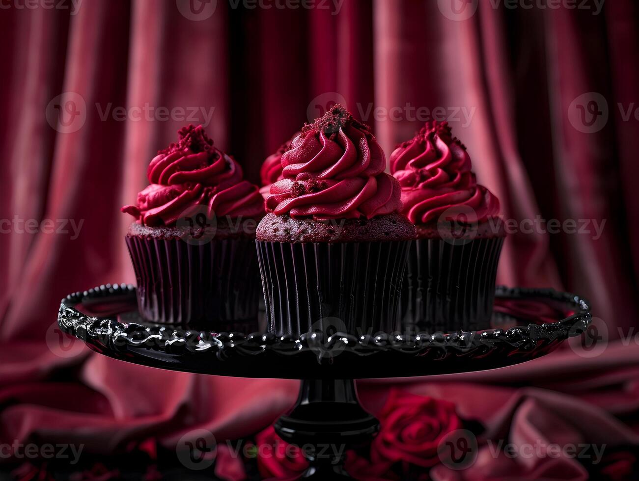 Decadent Dracula s Bite Red Velvet Cupcakes on Moody Gothic Backdrop with Lush Velvet Drapes photo