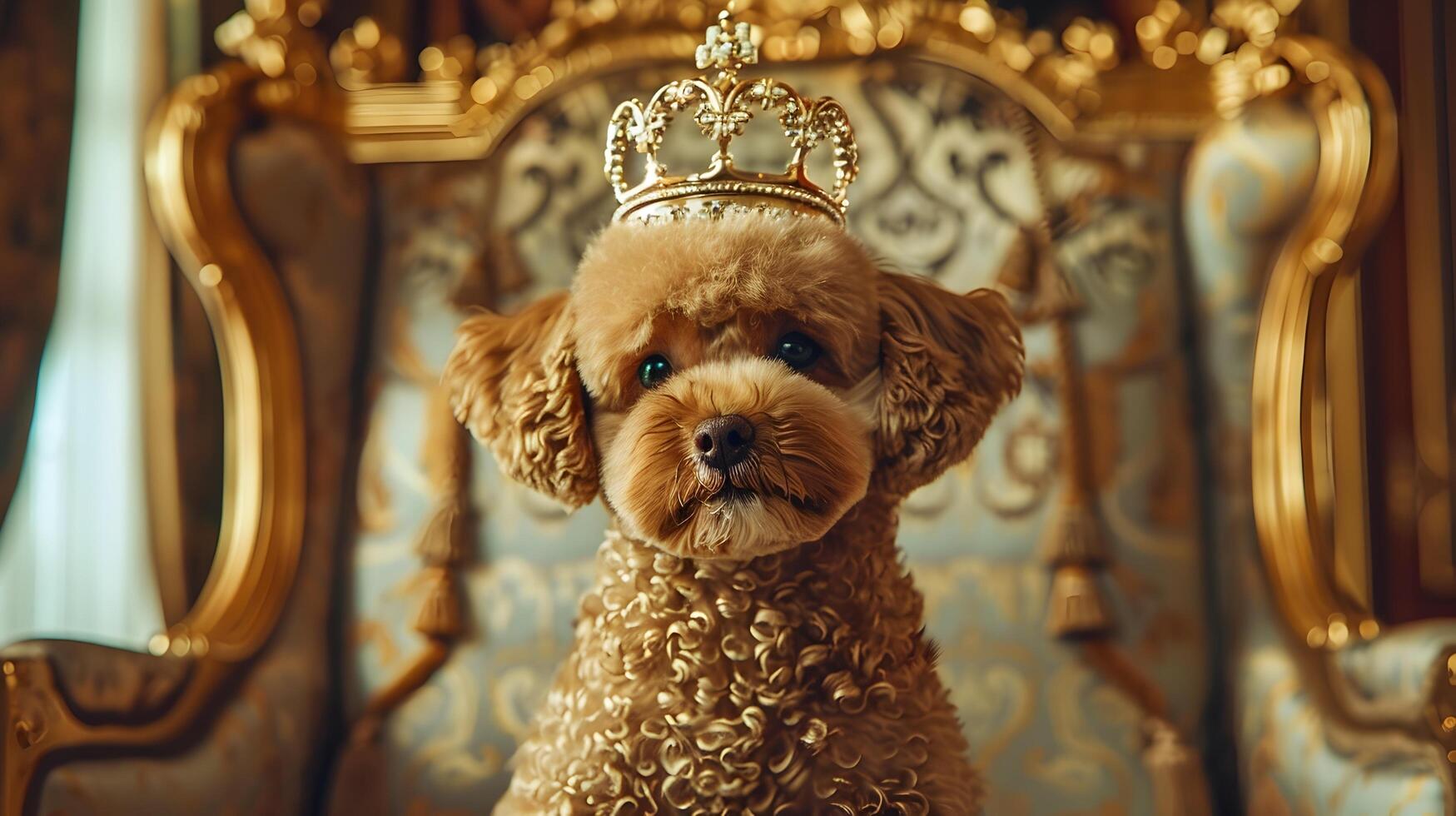 caniche vistiendo florido corona en opulento real castillo trono habitación foto