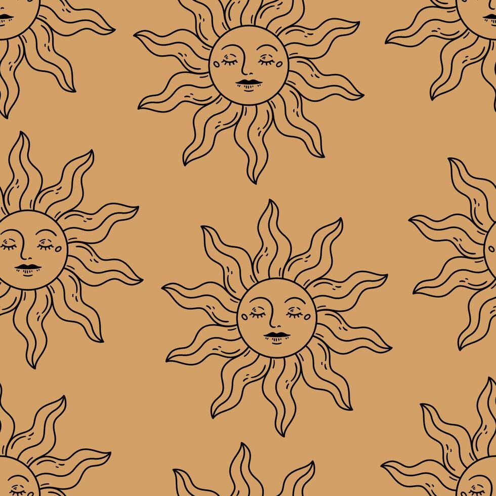 Seamless pattern with face of the sun. Hand drawn illustration in outline style. vector