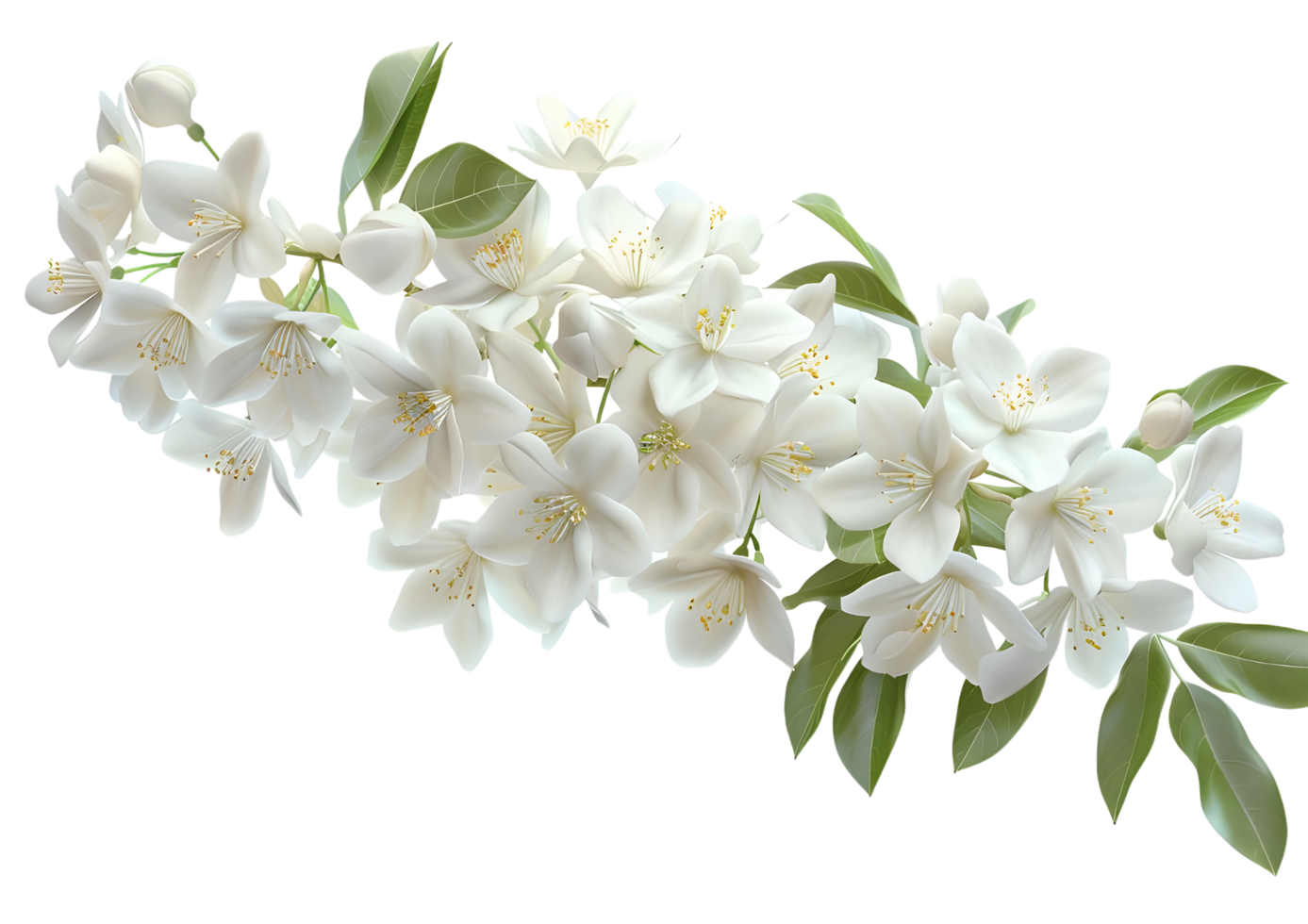 Delicate White Flowers with Green Leaves. Isolated on transparent background png