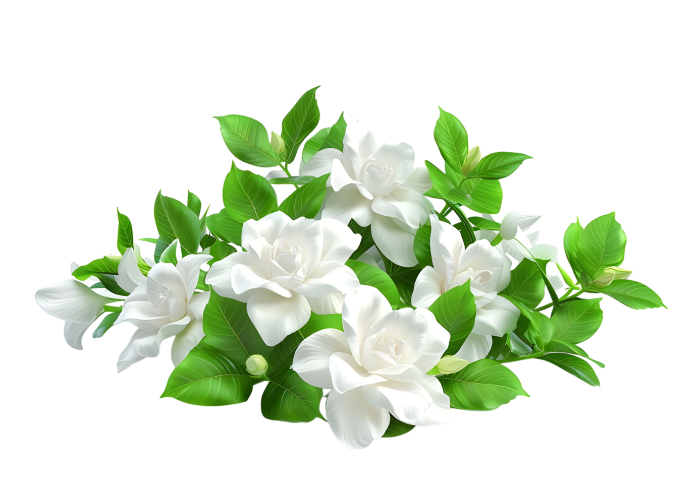 White Gardenia Flowers with Green Leaves. Isolated on transparent background png