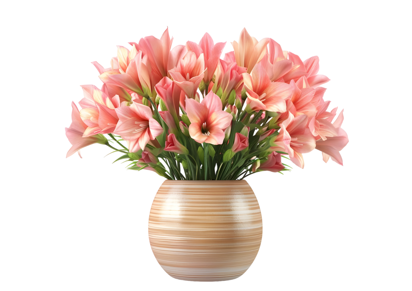 Pink lilies in a striped vase. Isolated on transparent background png
