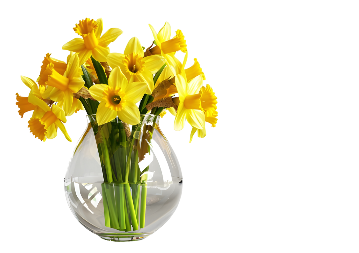 Yellow daffodils in a glass vase. Isolated on transparent background png
