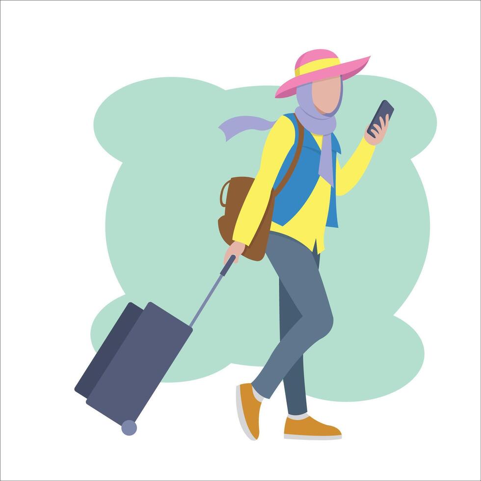 moslem woman walking with trolley bag vector
