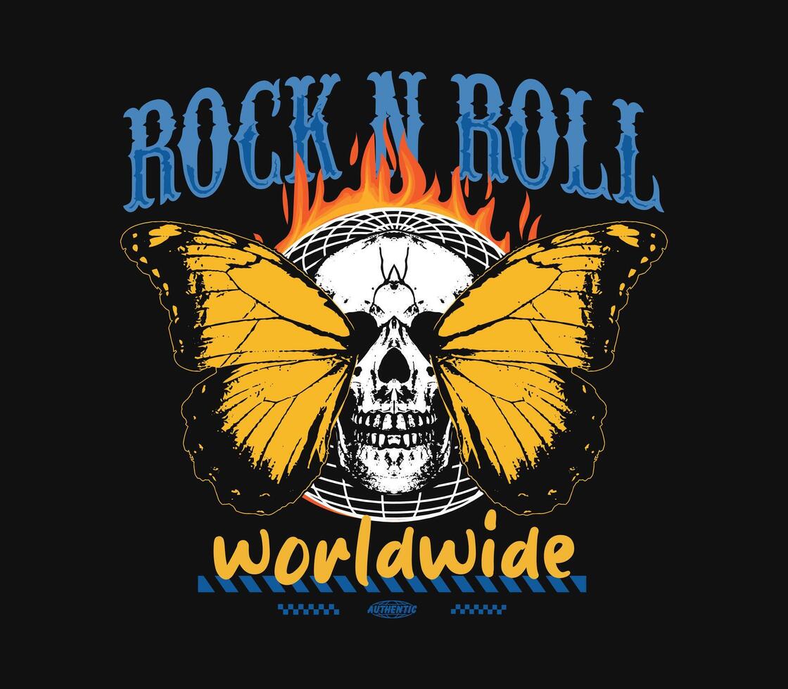 rock and roll slogan print design with illustration of a burning skull and butterfly in grunge style, for streetwear and urban style t-shirt design, hoodies, etc vector