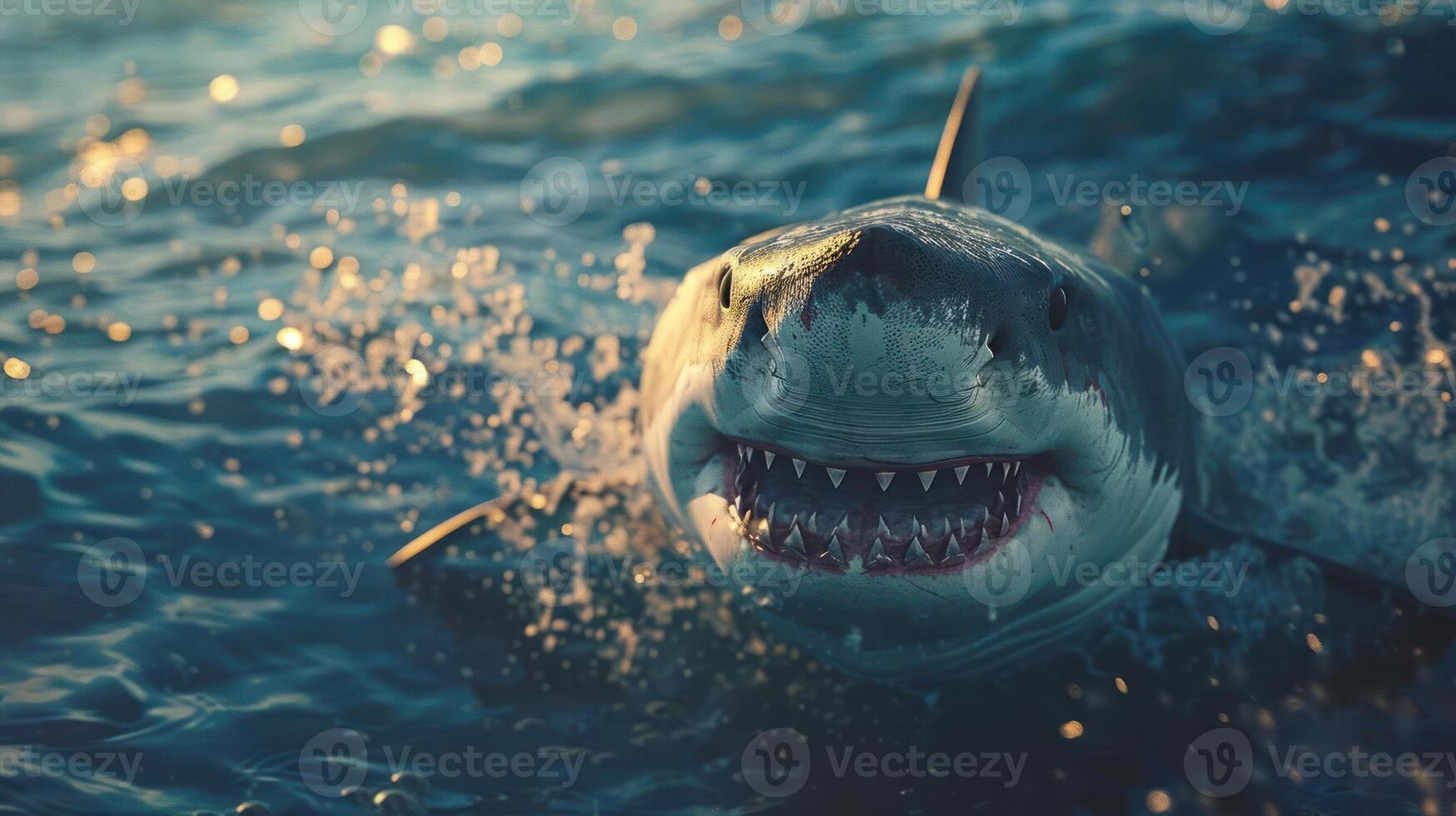 a shark with a toothy face and a stick in the water photo