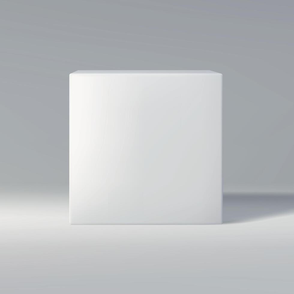 Simple white cube in front view on a gray gradient background, casting shadow. vector