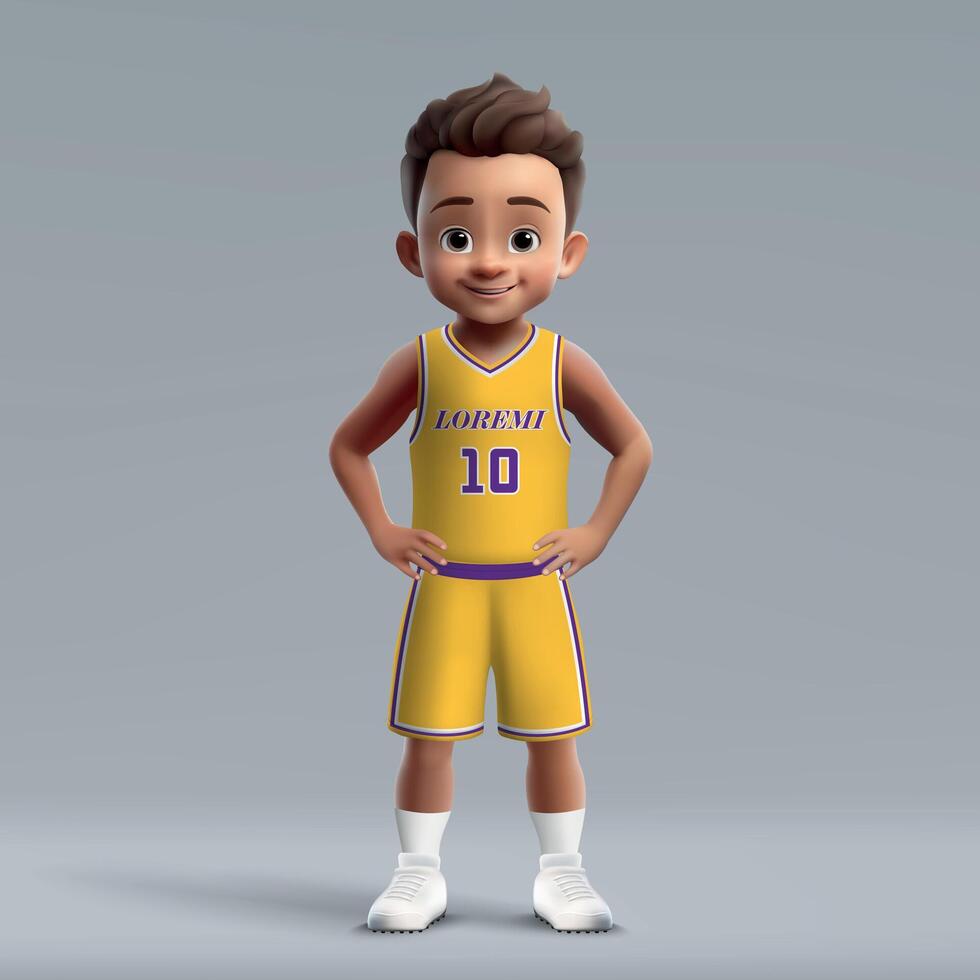3d cartoon young basketball player in team kit. vector