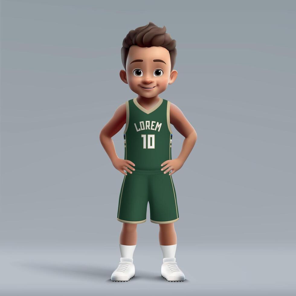 3d cartoon young basketball player in team kit. vector