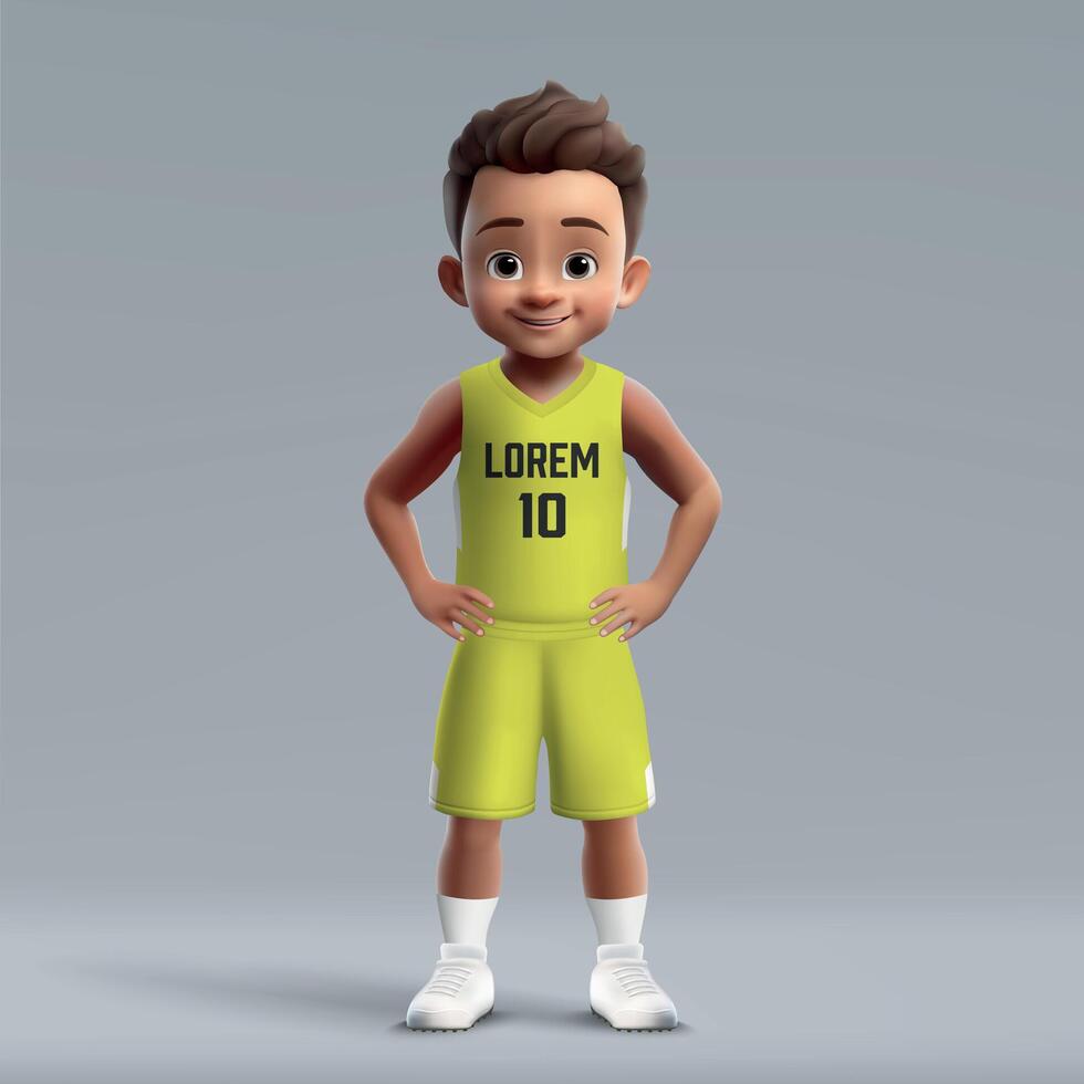 3d cartoon young basketball player in team kit. vector