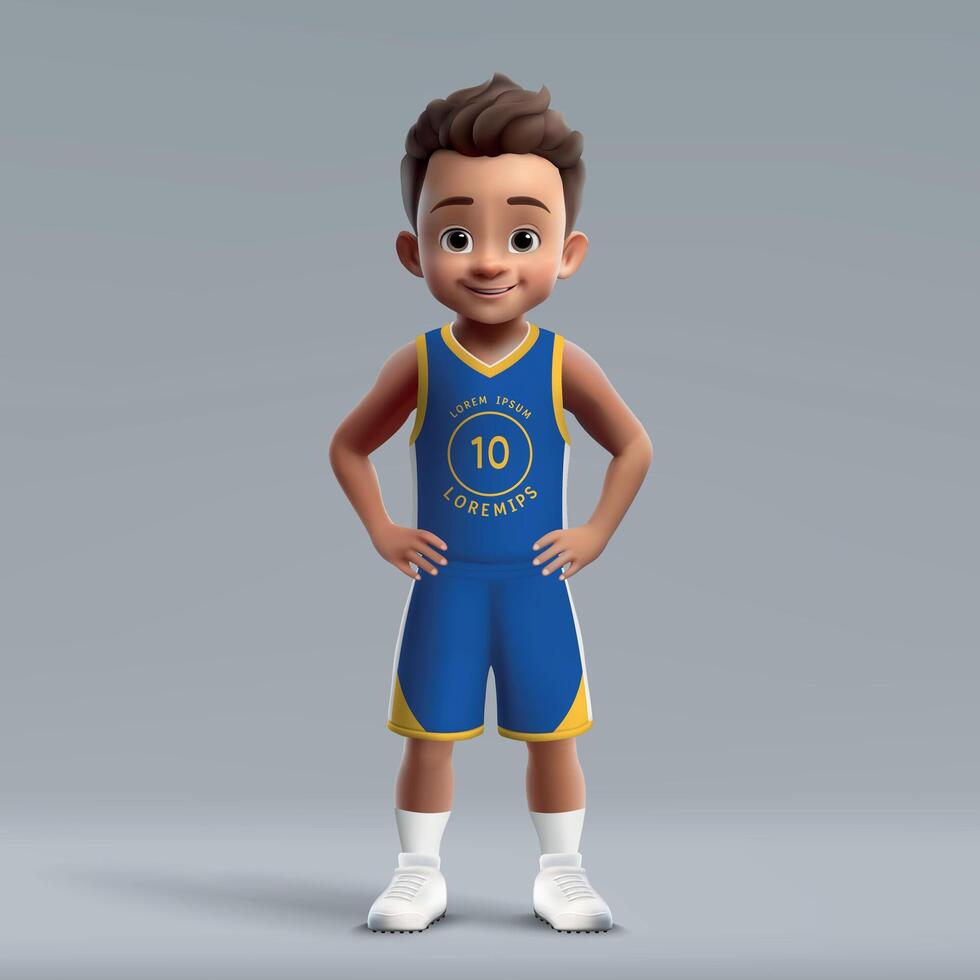 3d cartoon young basketball player in team kit. vector