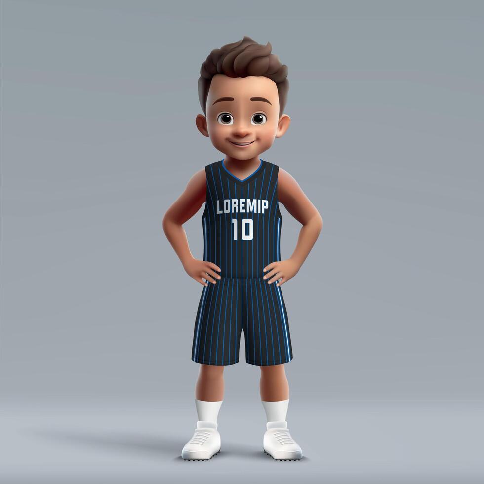 3d cartoon young basketball player in team kit. vector