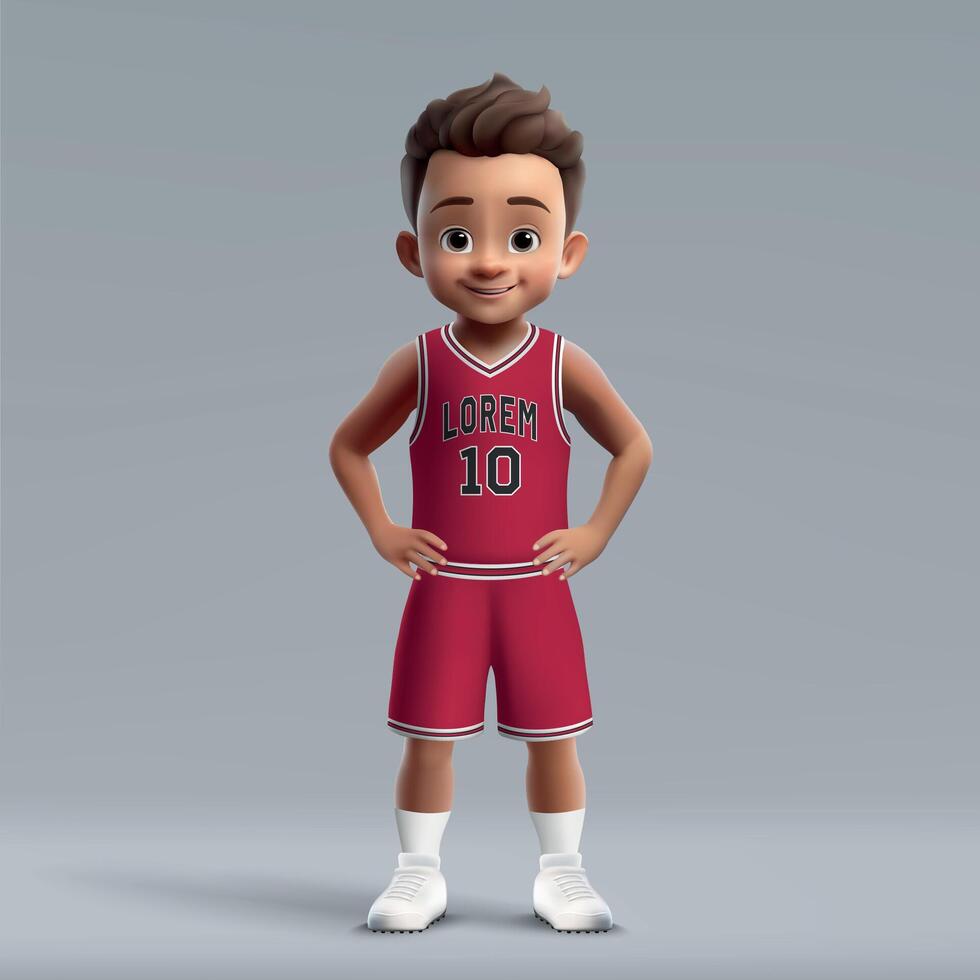 3d cartoon young basketball player in team kit. vector