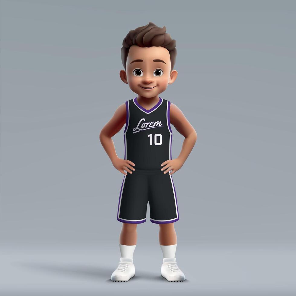 3d cartoon young basketball player in team kit. vector