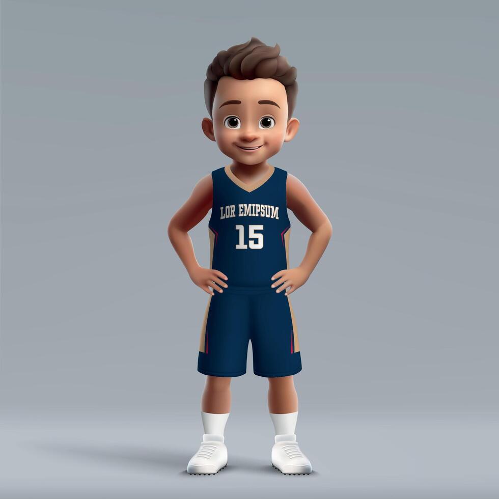3d cartoon young basketball player in team kit. vector