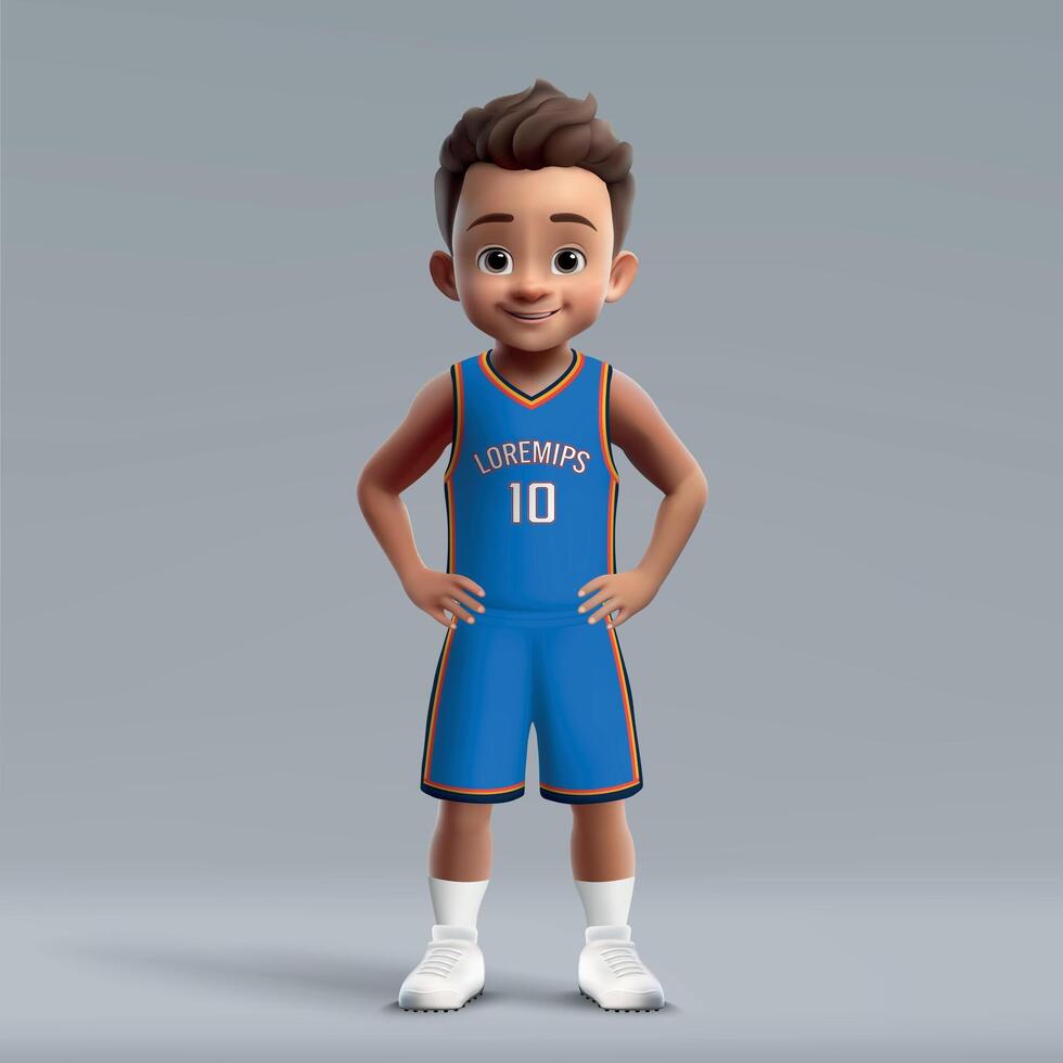 3d cartoon young basketball player in team kit. vector