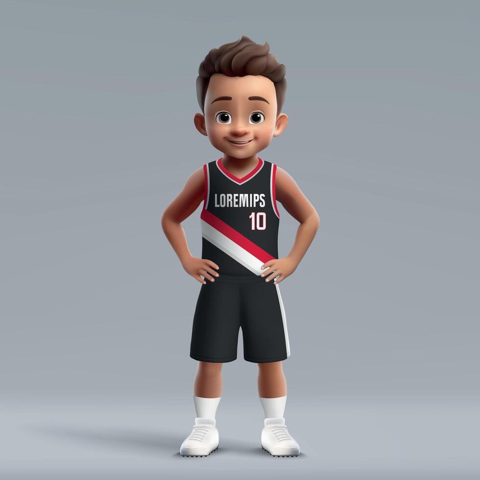 3d cartoon young basketball player in team kit. vector