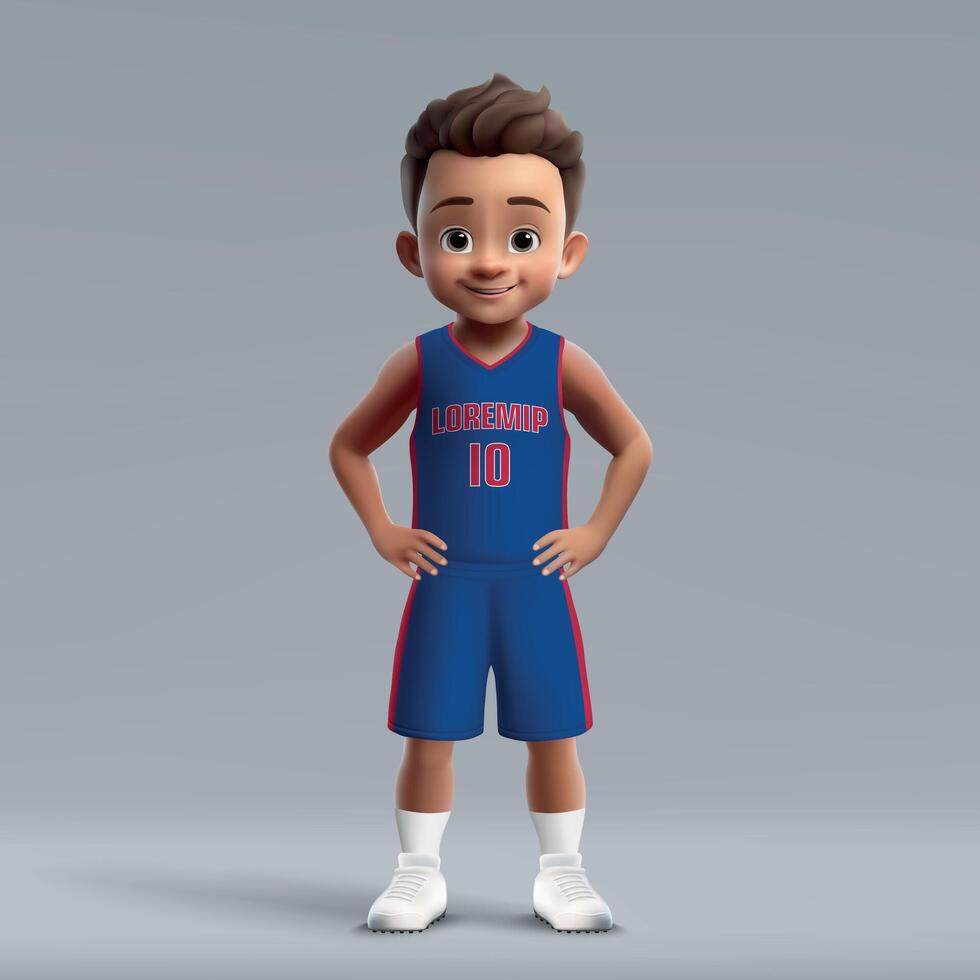 3d cartoon young basketball player in team kit. vector