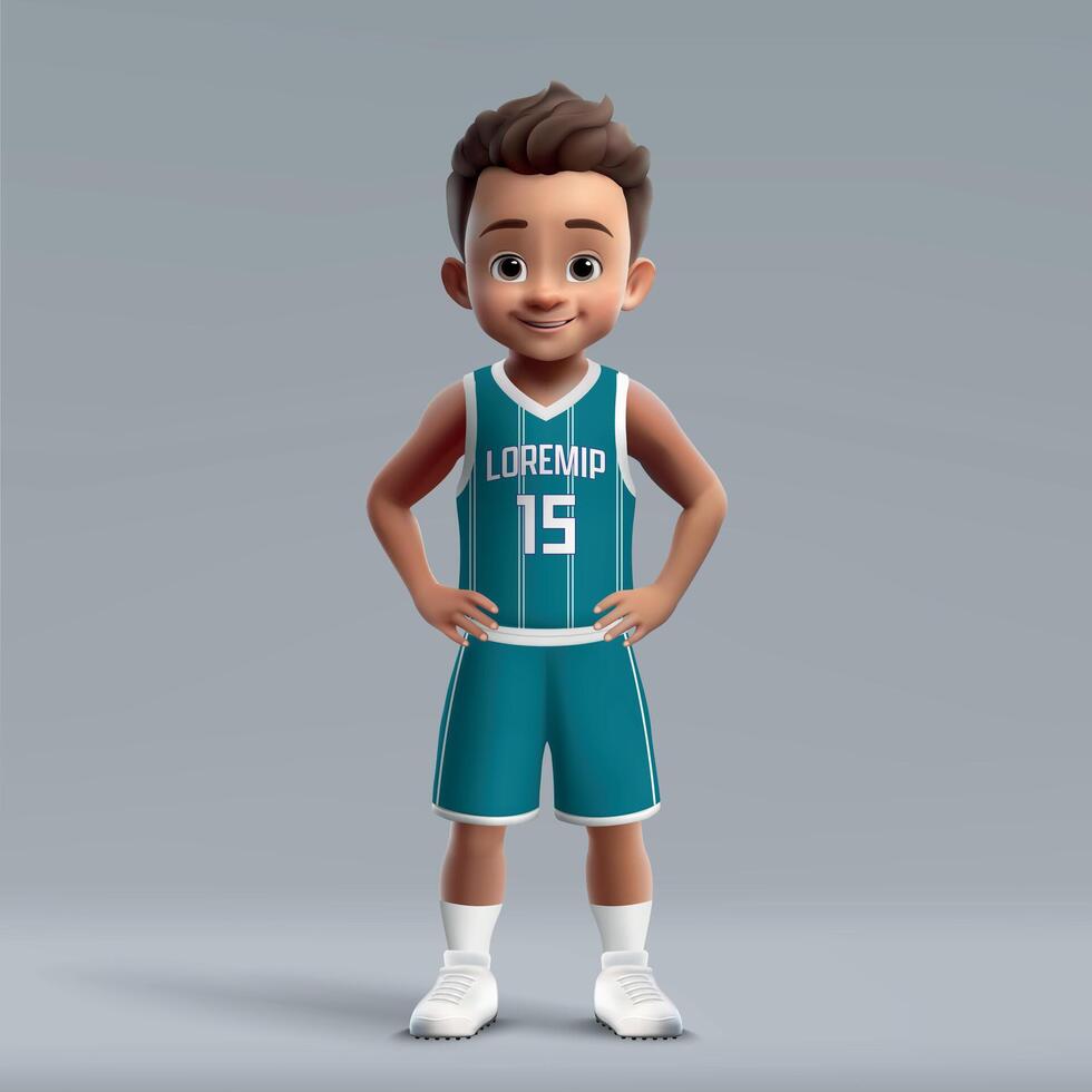 3d cartoon young basketball player in team kit. vector